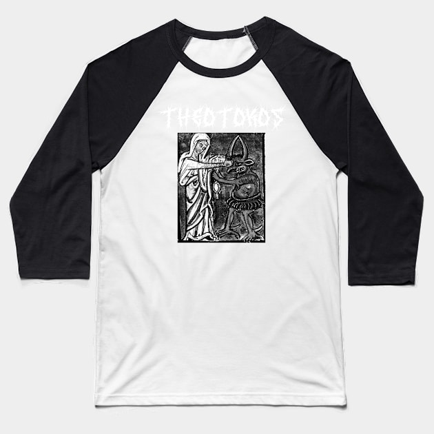 Virgin Mary Punching The Devil Death Metal Gothic Baseball T-Shirt by thecamphillips